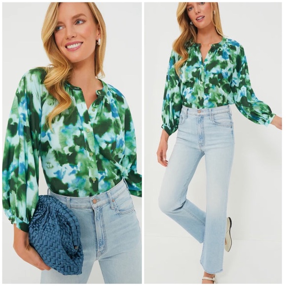 TUCKERNUCK Deep Lagoon Luca Puff Sleeve Button Down Blouse $178 - Picture 4 of 16